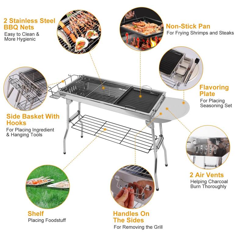 Portable Charcoal Grill Foldable BBQ Suitcase Grill for Camping - 38.98 x 13.39 x 27.56in