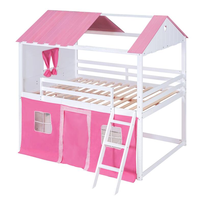 Full Size Wooden Bunk Bed with Elegant Windows and Tent Design in Pink and White