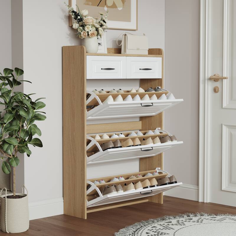 Shoe Cabinet with 3 Flip Drawers & 2 Drawers, Wooden Narrow Shoe Storage Cabinet, Freestanding Entryway Shoe Rack Organizer