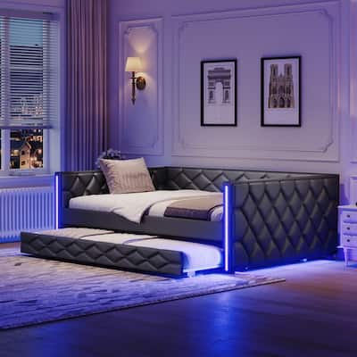 Full XL Size Upholstered Daybed with Trundle and LED
