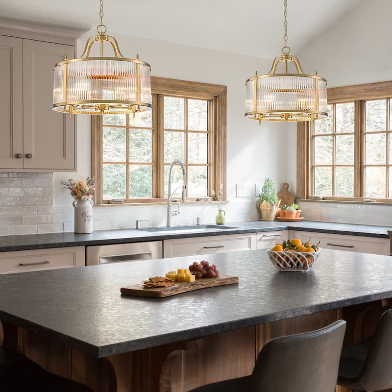 Modern Glam 5-Light Clear Ribbed Glass Drum Chandelier for Dining and Living Room - Gold