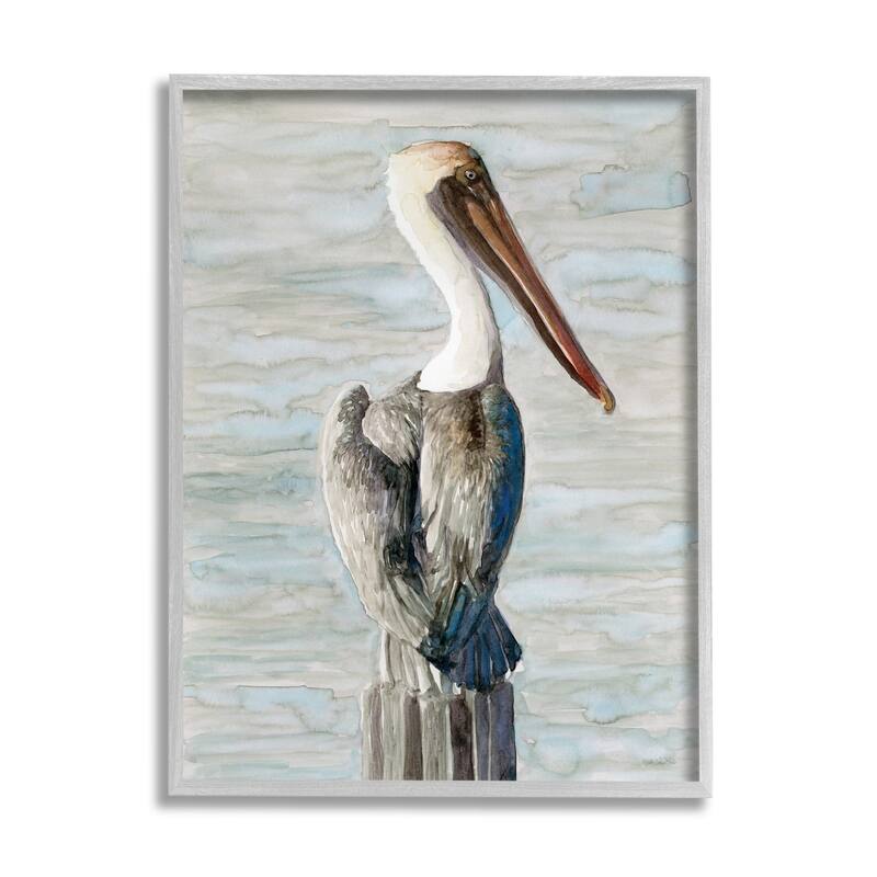 Stupell Long Beak Pelican Watercolor Painting Coastal Waterfowl Bird Framed Wall Art - Blue - 24 x 30 - Grey