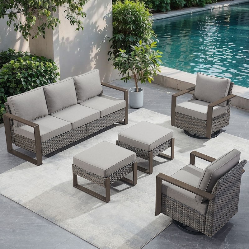 Pocassy 5 Pieces Outoor Patio Sofa Swivel Chair Ottoman Set - Gray cushion - Gray Wicker