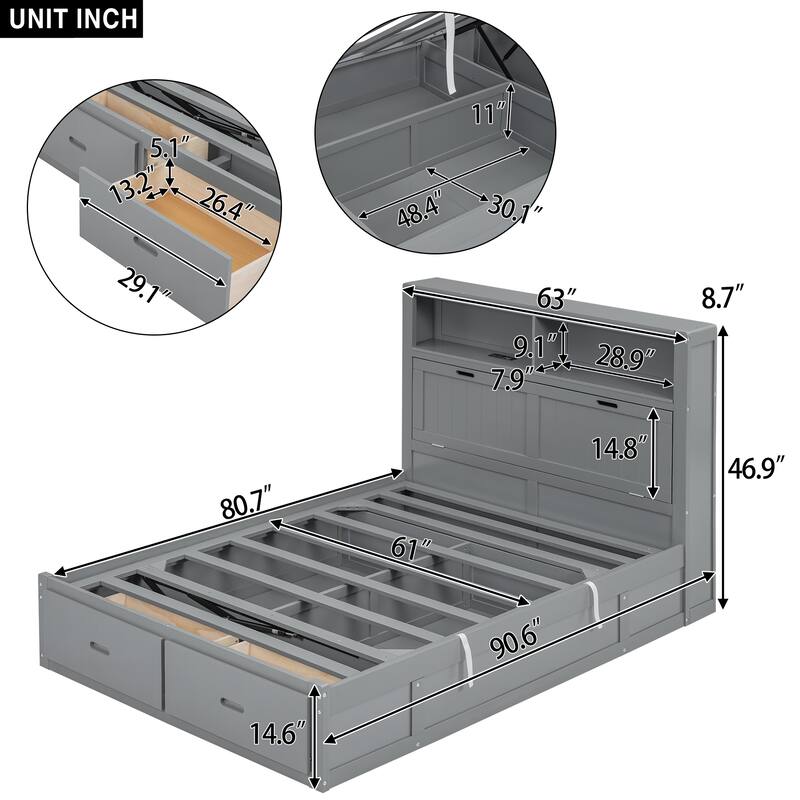 Queen Size Hydraulic Platform Bed with Storage, LED Headboard, Charging Station, and Drawers, Gray
