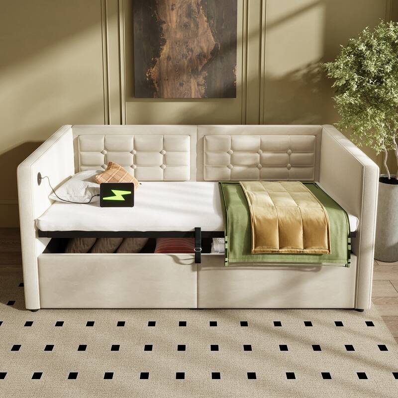Beige Velvet Twin Daybed with Hydraulic Storage, USB Charging & Tufted Back! - Beige