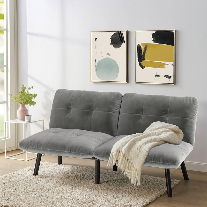 Classic Velvet Upholstered Convertible Futo Sofa Bed with Adjustable Split Backrest - Grey