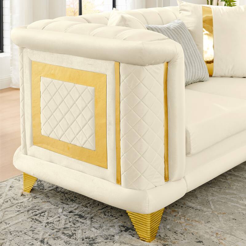 2PCS Velvet Sofa Set with Gold Trims and Embroidered Texture, Mid Century Modern Victorian Couch for Living Room, Beige