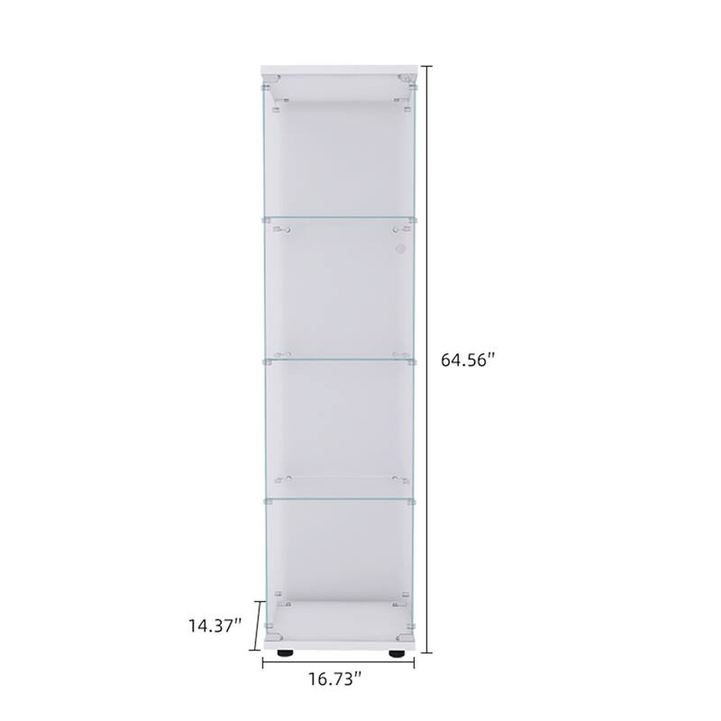 64" Lighted Glass Display Cabinet with One Door, 4 Shelves Tempered Glass Showcase Storage