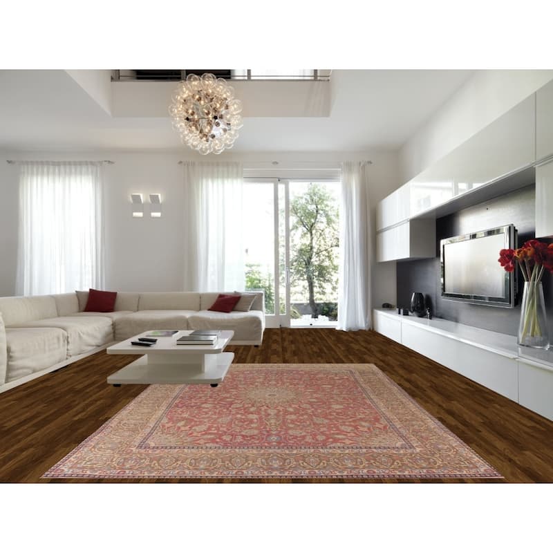 Mashad Persian Vintage Area Rug Handmade Floral Pink Wool Carpet - 9'2"x 13'5"