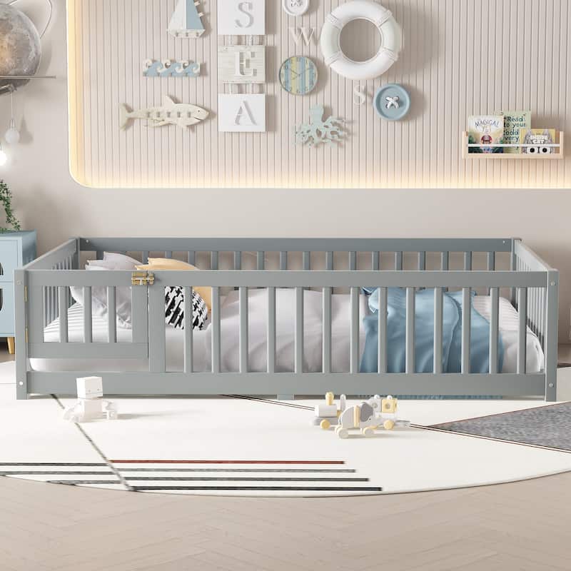 Montessori Toddler Floor Bed with Fence and Switchable Door, Low Profile Bed Frame with Removable Slats, Safe Transition Bed
