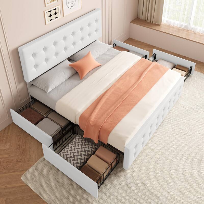 Full Bed Frame with Headboard and 4 Storage Drawers, Platform Bed Frame Square Stitched Button Tufted - White - King