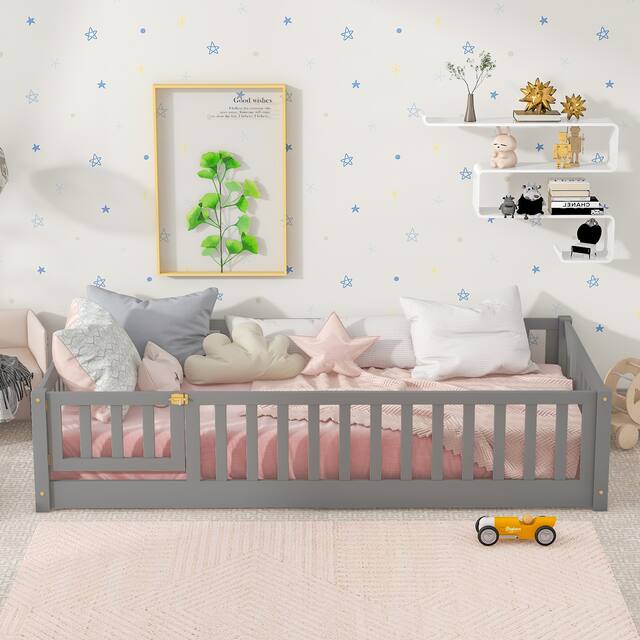 Twin/Full/Queen size Floor Platform Bed with Fence and Door for Kids, Toddlers