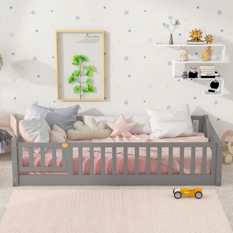 Twin size Floor Platform Bed with Fence and Door
