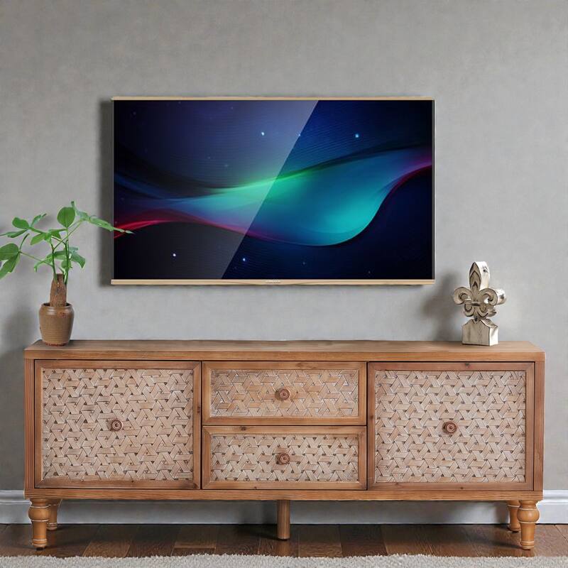 Rattan TV Stand for 55/60/65 Inch TVs, Mid-Century Boho Media Console with Doors, Drawers and Adjustable Shelf