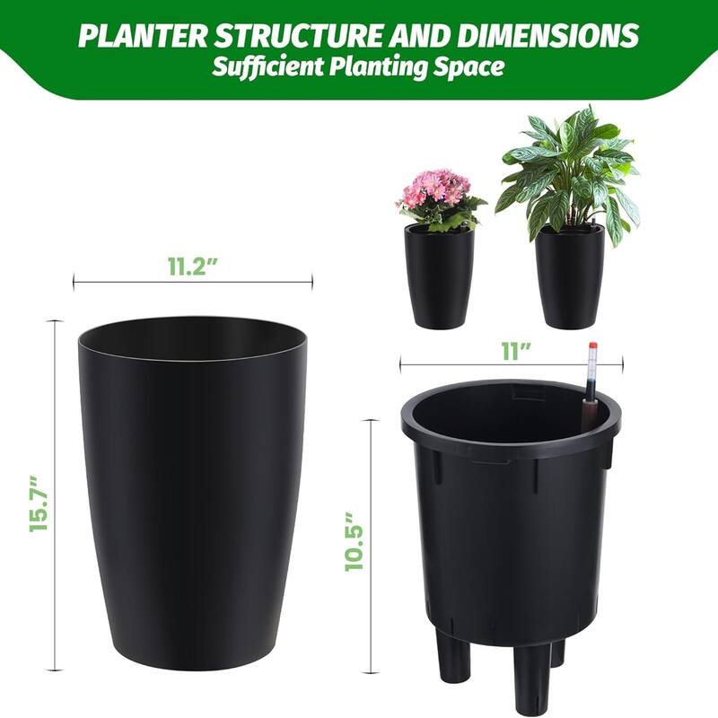 Set of 4 16-in Tall Self-Watering Planters with Built-in Drainage and Water Level Monitor Black