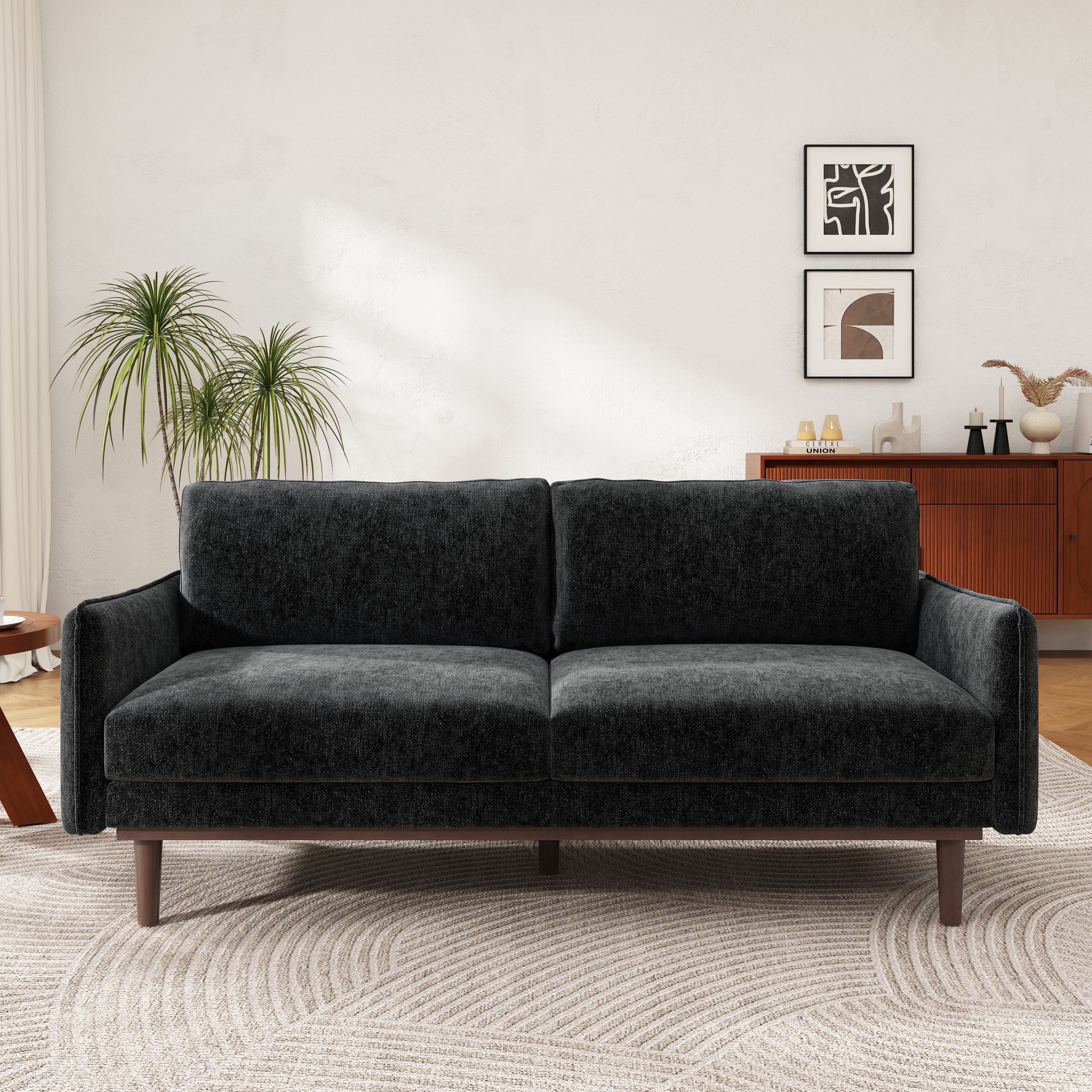 Black Elegant Loveseat Sofa Couch with Wood Legs, 2-Seater Sofa Couch Settee Couch with Square Armrests