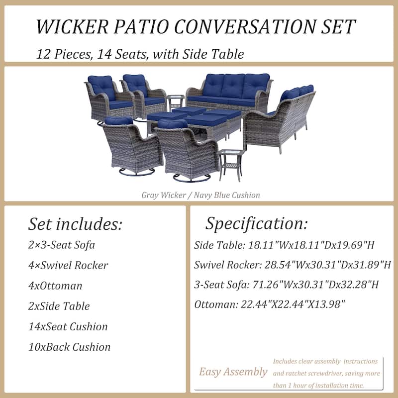 12 Piece Outdoor Wicker Patio Furniture Seating Set with Swivel Chairs