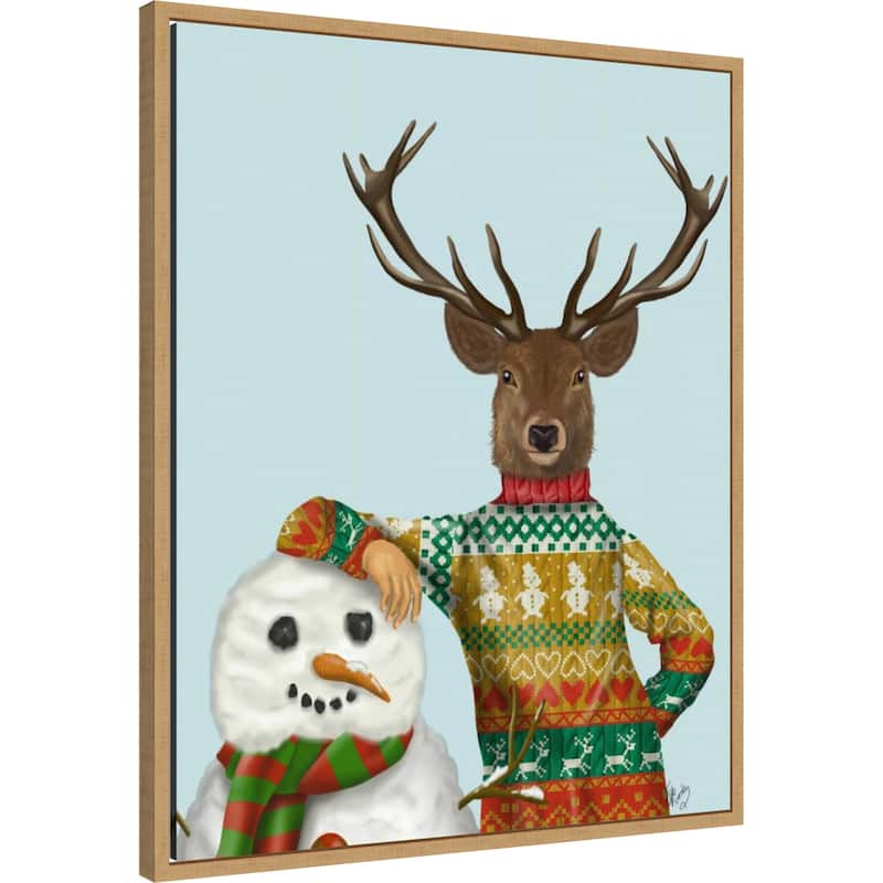 Deer in Christmas Sweater with Snowman by Fab Funky (23 x 28 in.), Framed Canvas Wall Art Print - Sylvie Natural