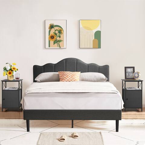 3-Pieces Bedroom Set with Dark Grey Height Adjustable Upholstered Bed and Nightstands Set of 2
