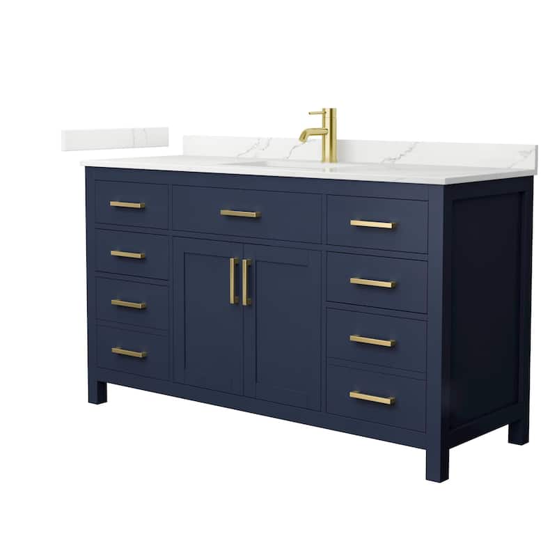Wyndham Collection WCG2424-60S-QTZ-UNSMXX Beckett 60" Free Standing - Dark Blue / Giotto Quartz Top / Brushed Gold