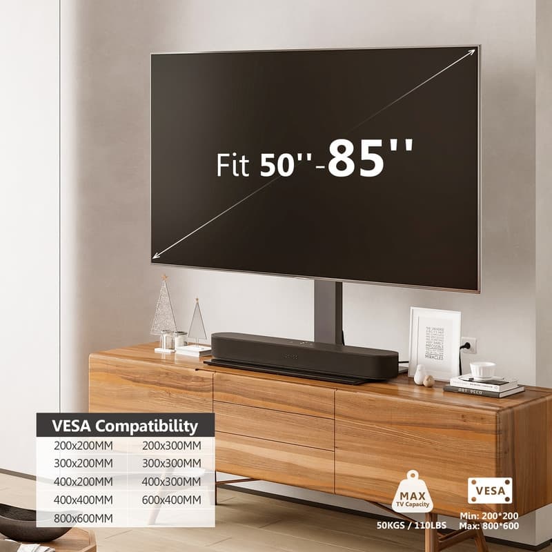 FITUEYES Table Top TV Stand with Power Strip up to 50-85 inches TVs, Black