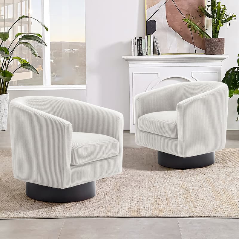 Modern Upholstered Swivel Barrel Club Arm Accent Chair for Living Room - 2 Set - Beige-Corduory