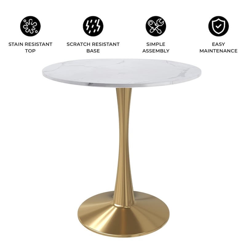 Bristol 31-inch Round Dining Table, Gold Pedestal Base Kitchen Table, Easy-Clean Scratch Resistant Surface, Floor Protectors