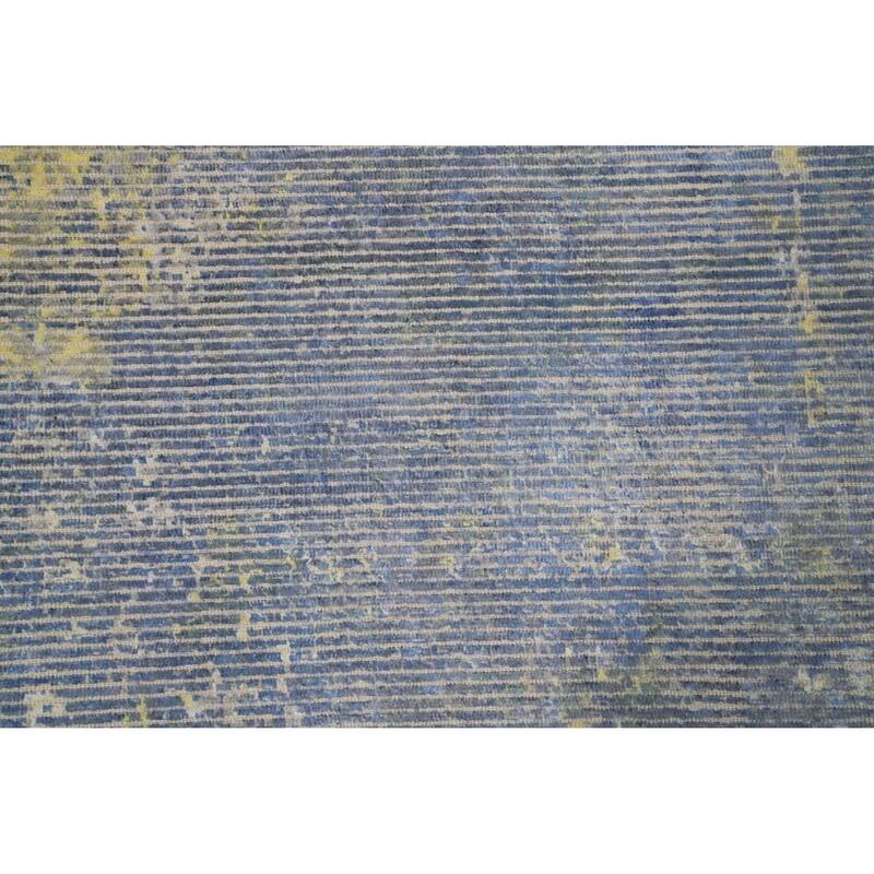 Hand Knotted Oriental Viscose Silk Carpet Modern All-Over Navy Blue & Blues Abstract Area Rug - 7' 8'' X 5' 6''