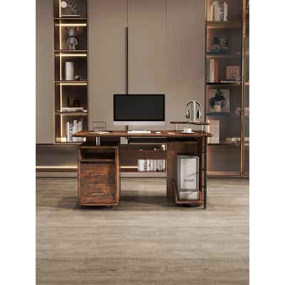 solid wood computer Desk,office table with PC droller,storage shelves and file cabinet,two drawers,CPU tray,a shelf