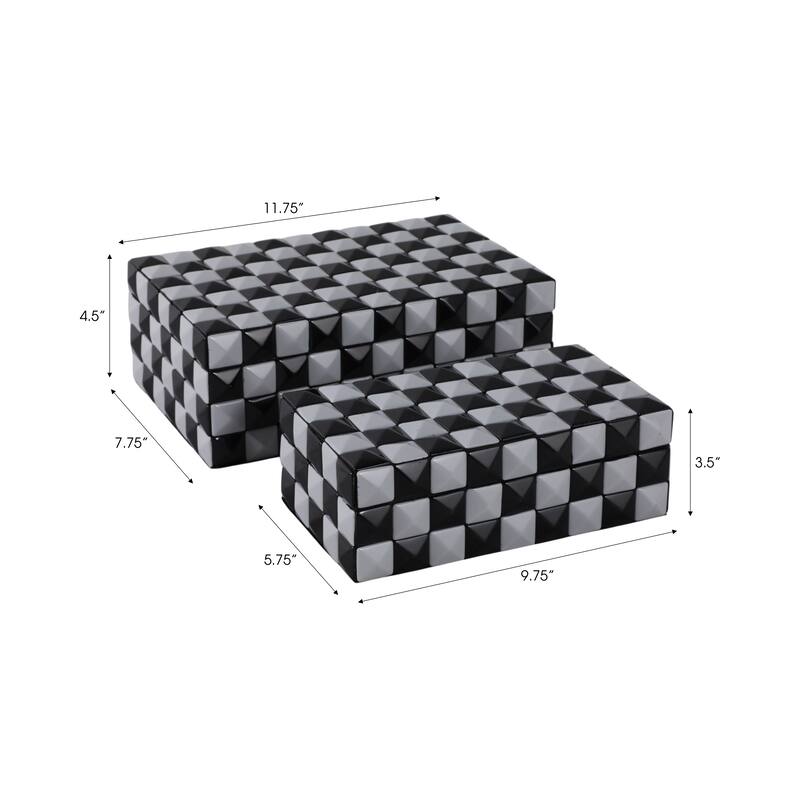 Resin Modern Storage Box Pyramid Checkerboard (Set of 2) - 4/5" Black - 11.75" x 7.75" x 4.5"
