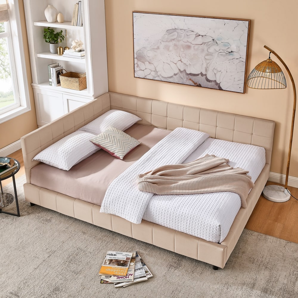 Full Size Daybed Grounded Bed Velvet Upholstered Tufted Bed Frame with L-shaped Backrest & Armrests for Livingroom or Bedroom