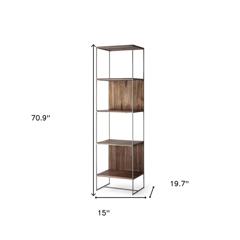 HomeRoots Brown Wood And Silver Metal Frame With 4 Shelf Shelving Unit