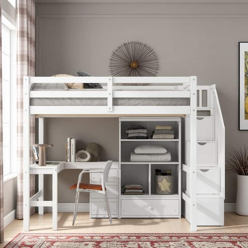 Full Size Loft Bed with L-Shaped Desk, Storage Drawers, Cabinet & Staircase, Multi-Functional Space-Saving Design - White