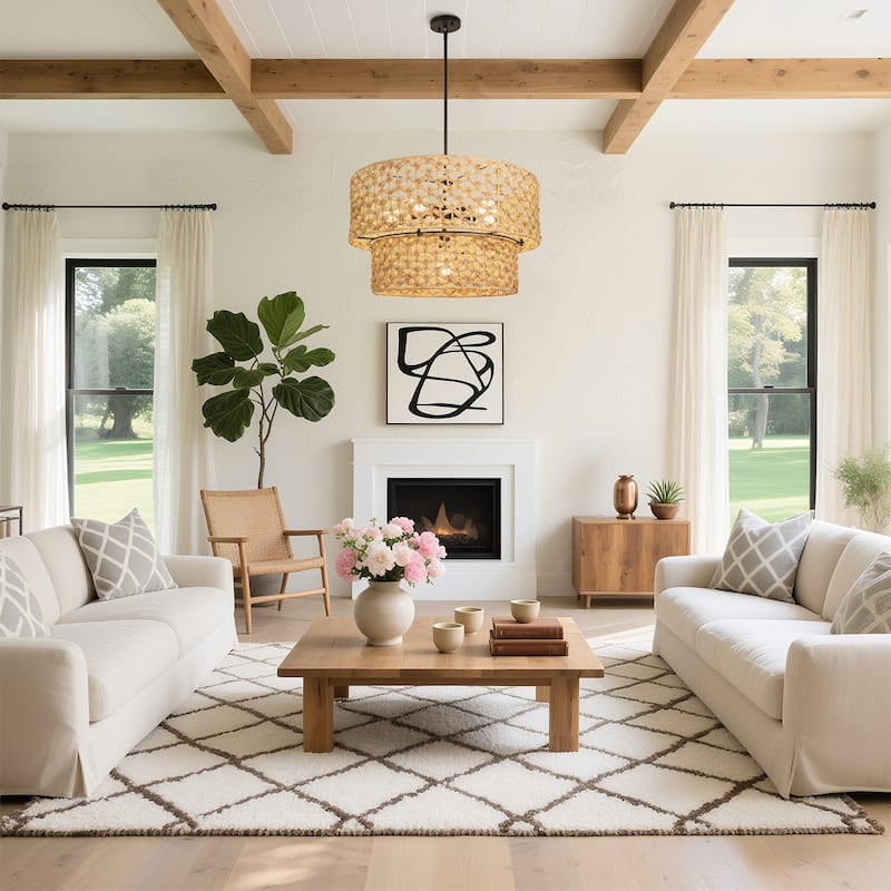 Ravy Farmhouse 6-Light Drum Rattan Chandelier Coastal Natural Pendant Light for Kitchen Dining Room - Dia. 26" x H 15.7"