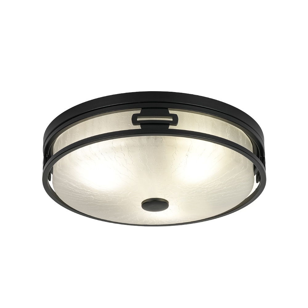 2-Light Matte Black Drum Flush Mount Light with Crackle Frosted Glass - 11.8"