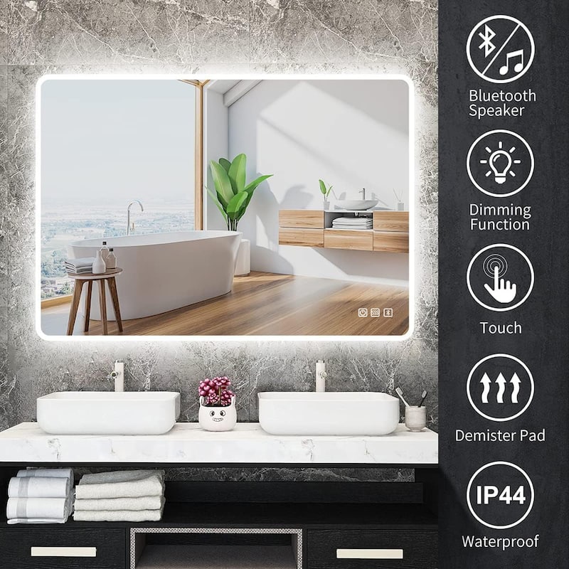 Rectangular Wall-Mounted Dimmable LED Bathroom Vanity Mirror with Defogger and Bluetooth Music Speaker
