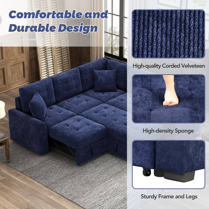 L-shape Pull-out Sleeper Sofa with Wheels, USB Ports and Power Sockets