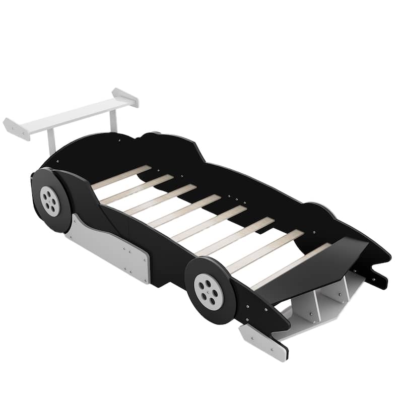 Black Twin Race Car-Shaped Platform Bed with Wheels - Kids' Speed Dream!