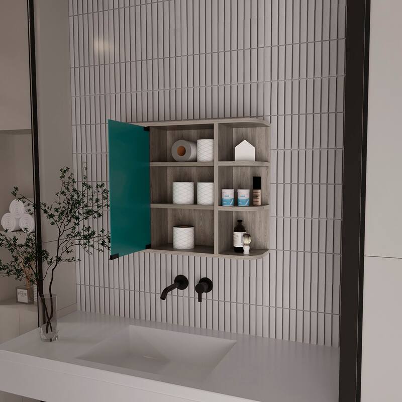 6-Shelf Medicine Cabinet with Mirror Panel Door, 3 Open Shelves on Each Side for Bathroom or Living Room Storage