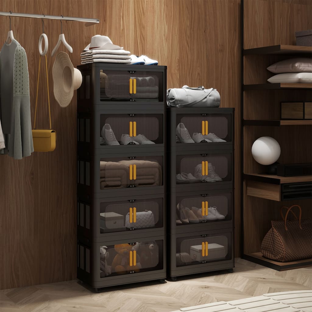 4 Tiers Black 24" Side Wide Folding Storage Cabinet