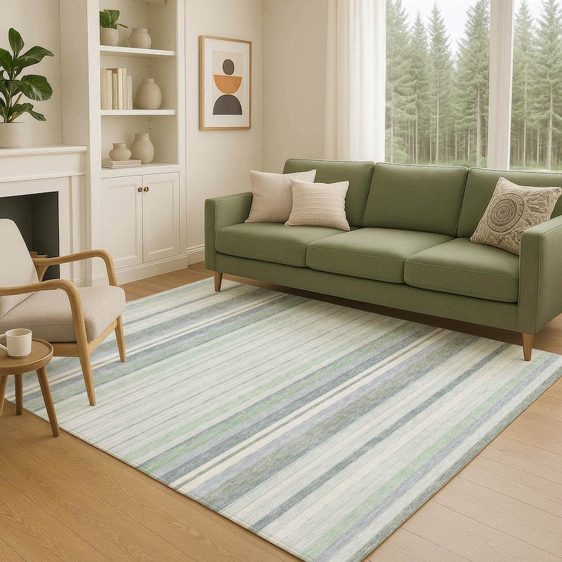 Machine Washable Indoor/ Outdoor Modern Stripes Chantille Rug