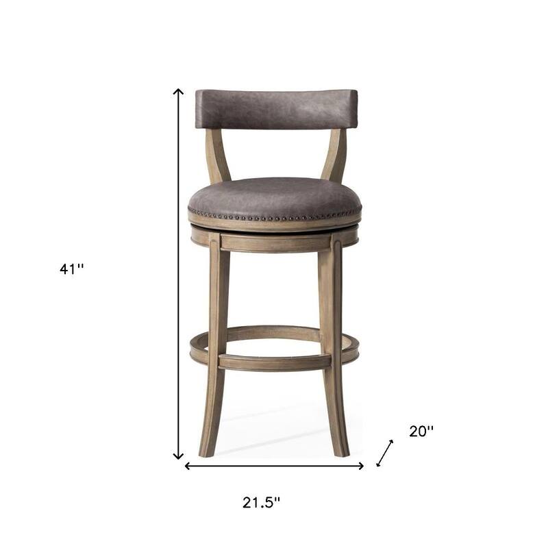 HomeRoots 31" Gray and Cool Gray Faux Leather and Solid Wood Low Back Bar Height Swivel Bar Chair
