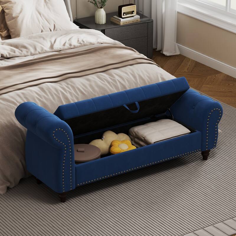 64.5" Storage Bench for Bedroom, Large Capacity Upholstered Ottoman, End of Bed Tufted Chaise Lounge with Rolled Arm