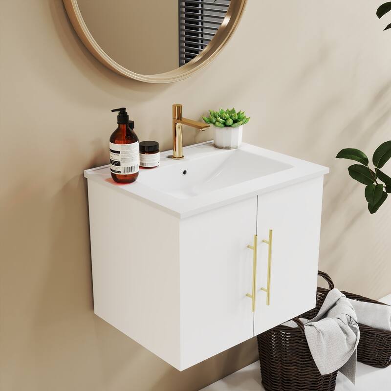 24-Inch Wall-Mounted Bathroom Vanity with Sink Combo,Double Doors,Soft Close Hinges, Ceramic Basin,Easy Assemble