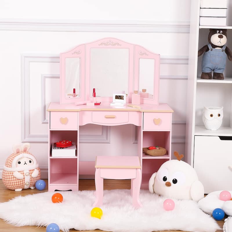 White/ Pink Girls' Vanity Table and Stool Set - Pink