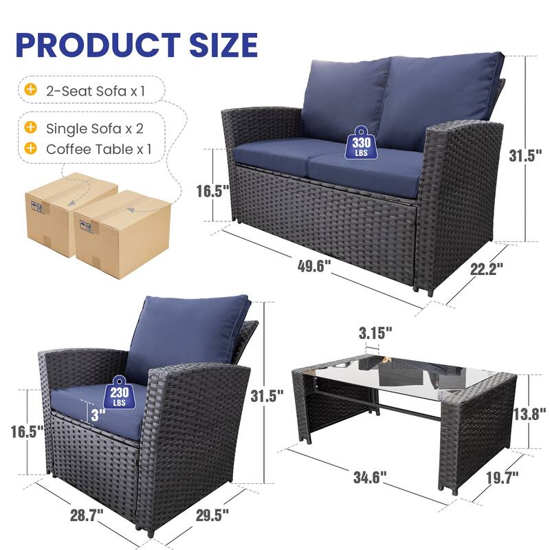 4-Piece Wicker Outdoor Sofa Set, 1 Loveseats, 2 Single Sofas, 1 Table