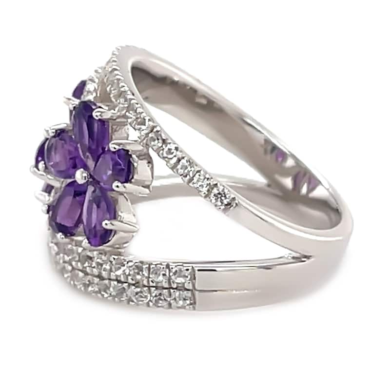 925 Sterling Silver African Amethyst and Created White Sapphire Gemstone Flower Ring