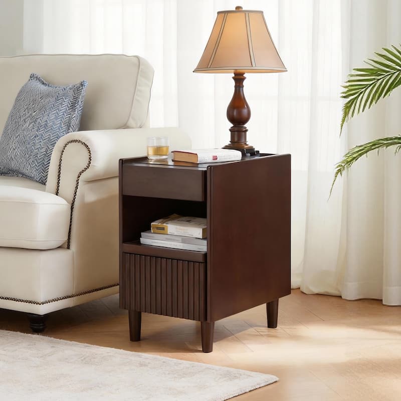 Wooden Bedside Table with 1 Drawer Open Shelves, Wood Board Side Tables Storage Small Narrow Desk Chest of Drawer