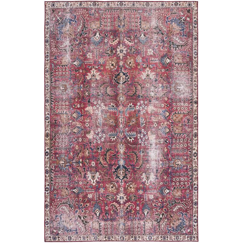 SAFAVIEH Tucson Machine Washable Slip Resistant Loula Oriental Distressed - 3' x 5' - Red/Beige - Rectangle