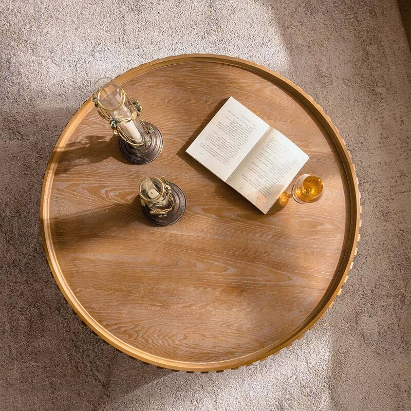 Wood Handcrafted Relief Tea Table with Sturdy Pedestal for Apartment,Living Room